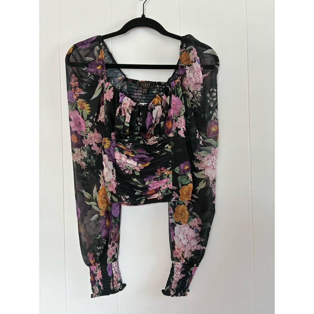 NWT Lipsy London Floral Square‎ Neck Ruched Long Sleeve Sheer Blouse Women S 6